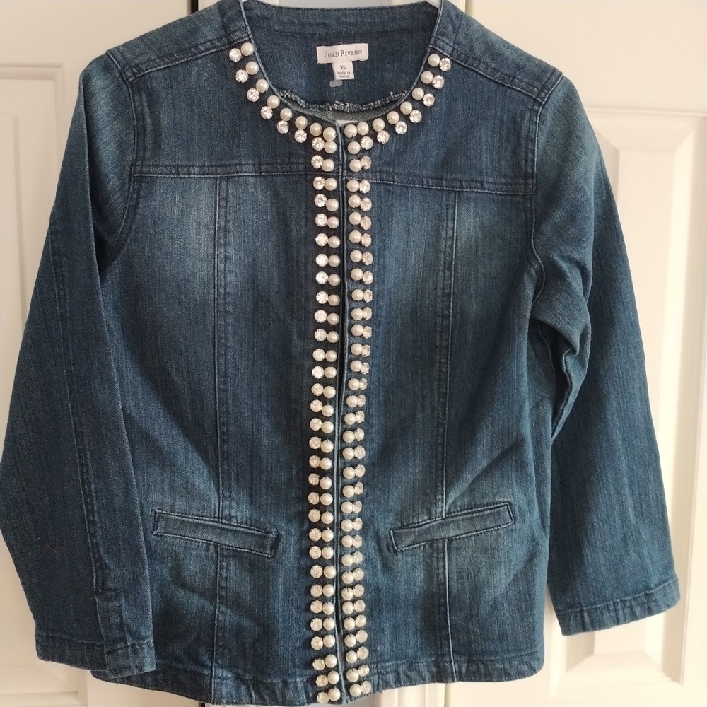 Joan Rivers Pearl & Crystal Trim Denim Jean Jacket XS - Picture 3 of 12